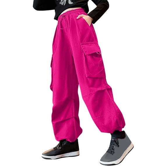 Kiijoy Girls Baggy Straight Cargo Pants High Rise Drawstring Sports Joggers, Sizes 3-14