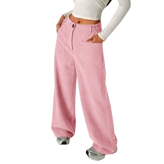 Kiijoy Girls Baggy Straight Pants Button Front Elastic Waist Pant with Pockets, Sizes 5-14