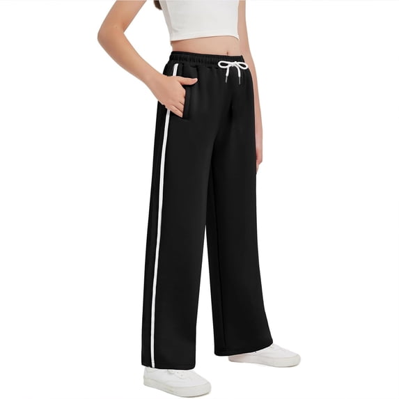 Kiijoy Girls Baggy Straight Sweatpants Drawstring Side Striped Athletic Pants, Sizes 5-14
