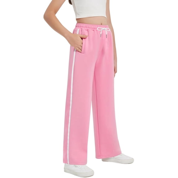 Kiijoy Girls Baggy Straight Sweatpants Drawstring Side Striped Athletic Pants, Sizes 5-14
