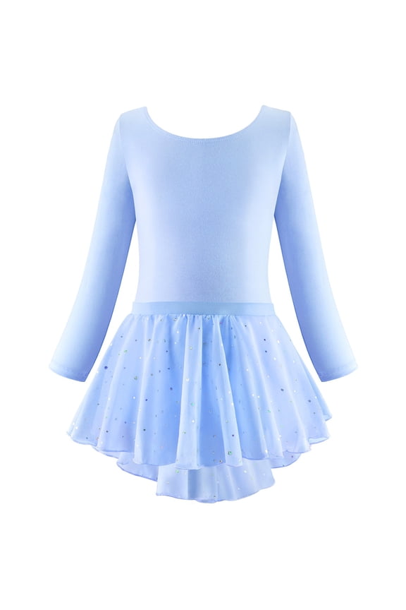 Girls Ballet Dance Dress Leotard Long Sleeve Shiny Ballet Tutu Skirt, Sizes 8-9