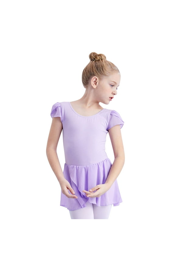 Girls Ballet Dance Dress Petal Sleeve Skirted Leotard Ballerina Dress, Sizes 14-15