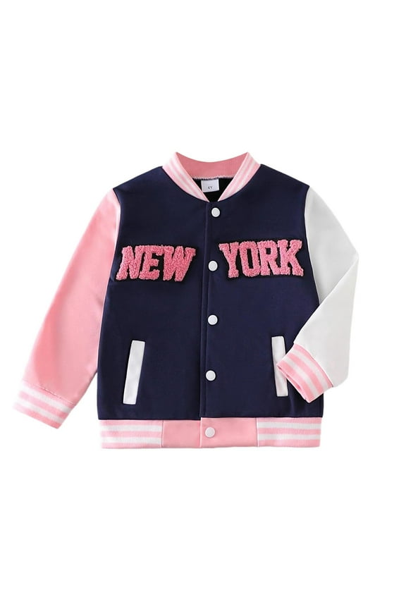 Girls Baseball Jacket Letter Embroidery Varsity Bomber Jacket Outerwear, Sizes 3-4