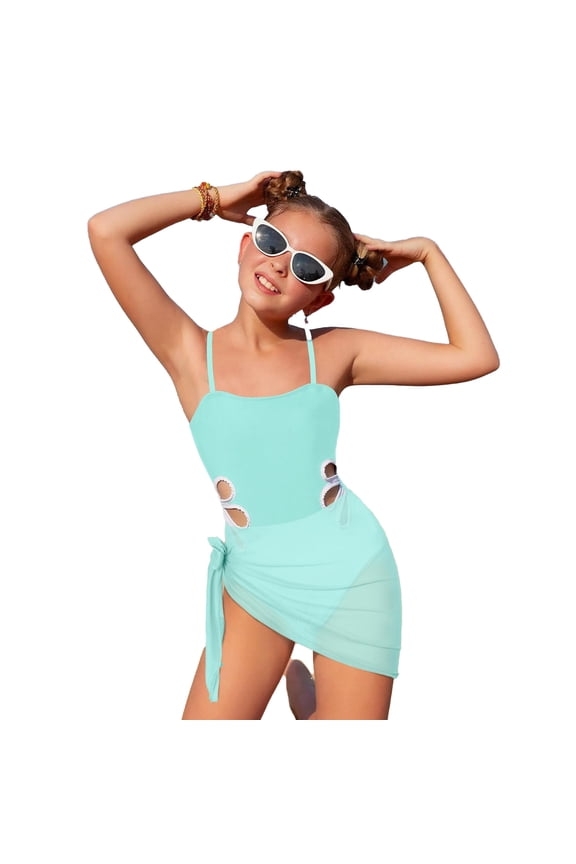 Girls Bathing Suit Flower Cut Out One-Piece Swimsuit with Cover Up, Sizes 7-16