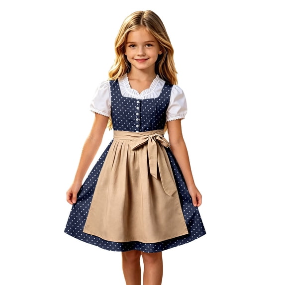 Kiijoy Girls Bavarian Dirndl Dress Oktoberfest Polka Dot Dress & Apron, Navy, Size 3-12