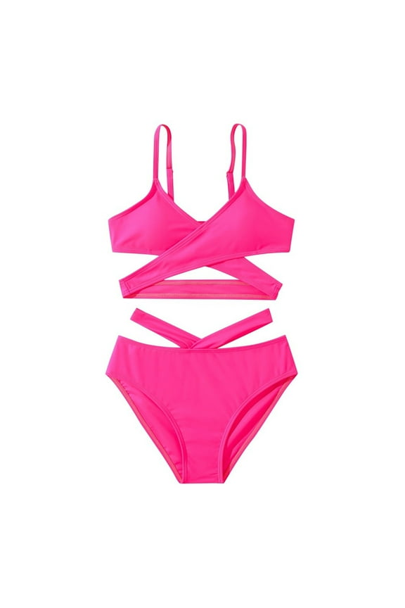 Girls Bikini Swimsuit Solid Spaghetti Strap Bathing Suit Swimwear, Sizes 7-12