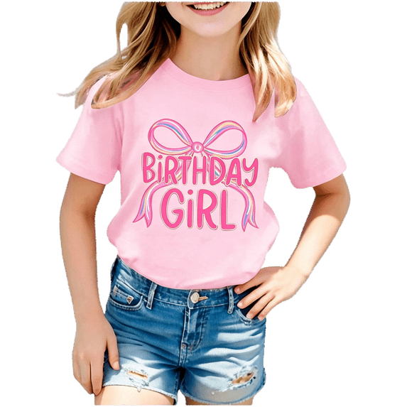 Kiijoy Girls Birthday T-Shirt Bow Letter Print Short Sleeve T Shirt Top, Pink, Sizes 1-2