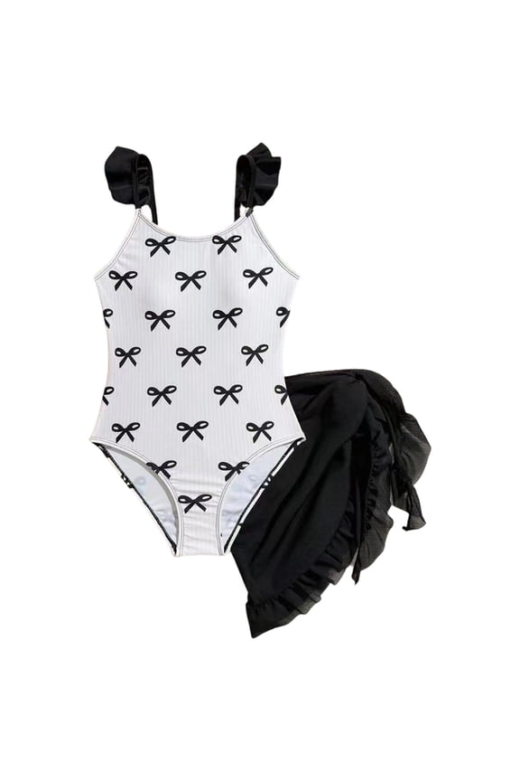 Girls Bow Print Ruffle One-Piece Swimsuit with Cover Up Skirt Swimwear, Sizes 8-13