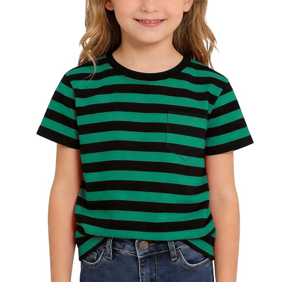 Kiijoy Girls Boys Striped Short Sleeve T-Shirt Casual Unisex Crew Neck Pocket T Shirt, Sizes 2-13