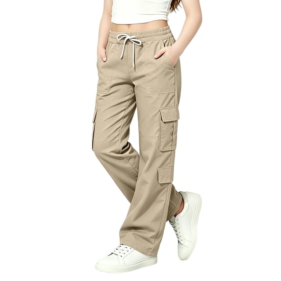Kiijoy Girls Cargo Pants Casual Straight Leg Outdoor Hiking Trousers, Khaki, Sizes 5-14