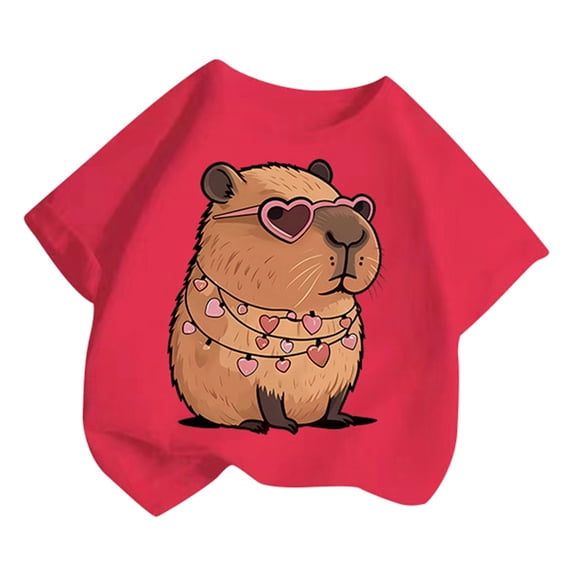 Kiijoy Girls Cartoon Capybara Short Sleeve T Shirt Cute Soft Round Neck Tee, Sizes 6-8