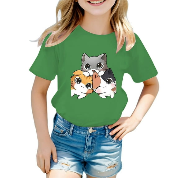 Kiijoy Girls Cartoon Cat Graphic Tee Short Sleeve Crew Neck T-Shirt for Kids
