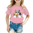 thumbnail image 1 of Kiijoy Girls Cartoon Cat Graphic Tee Short Sleeve Crew Neck T-Shirt for Kids, 1 of 3