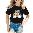 thumbnail image 1 of Kiijoy Girls Cartoon Cat Graphic Tee Short Sleeve Crew Neck T-Shirt for Kids, 1 of 3