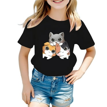 Kiijoy Girls Cartoon Cat Graphic Tee Short Sleeve Crew Neck T-Shirt for Kids