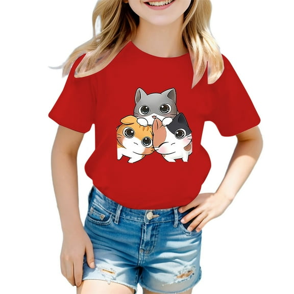 Kiijoy Girls Cartoon Cat Graphic Tee Short Sleeve Crew Neck T-Shirt for Kids