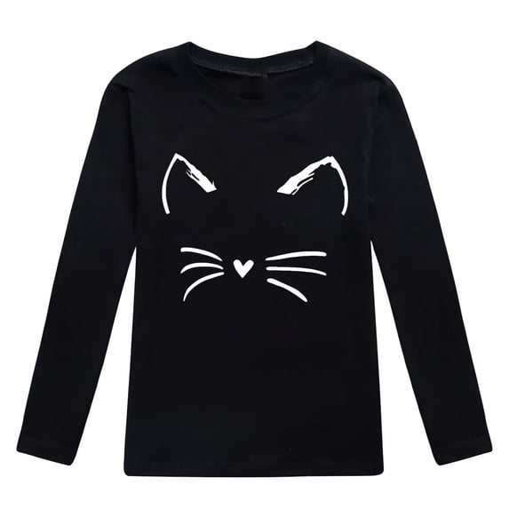 Kiijoy Girls Cartoon Cat Print Long Sleeve T-Shirt Casual Crew Neck Tshirt Tee, Sizes 2-13