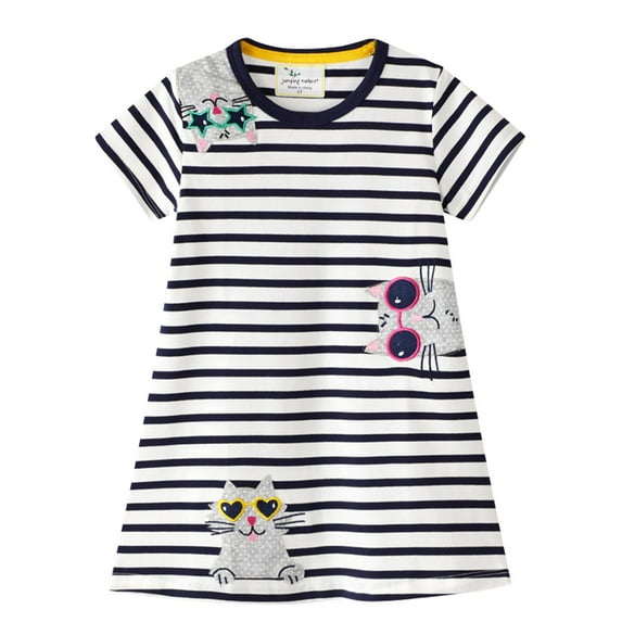 Kiijoy Girls Cartoon Cat Striped T-Shirt Dress Casual Cotton Short Sleeve Dress, Sizes 3-4
