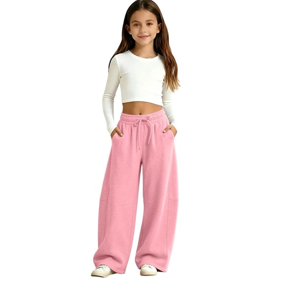 Kiijoy Girls Casual Athletic Sweatpants Baggy Drawstring Jogger Pants, Pink, Sizes 5-15