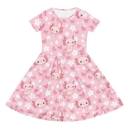 Kiijoy Girls Casual Dress Cute Animal Print Short Sleeve Skater Dress, Pink, Size 4-14