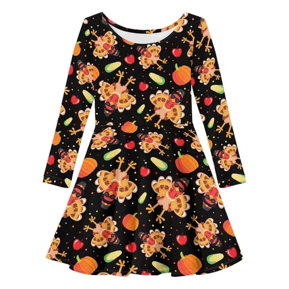 Kiijoy Girls Casual Long Sleeve Dress Kids Turkey Print A Line Midi Dress, Black
