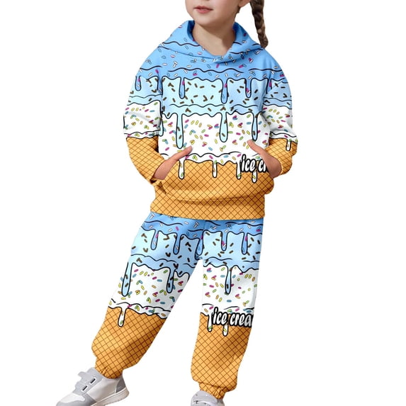 Kiijoy Girls Casual Outfits Ice-Cream Print Hoodie Sweatpants 2Pcs Set, Size 2-13