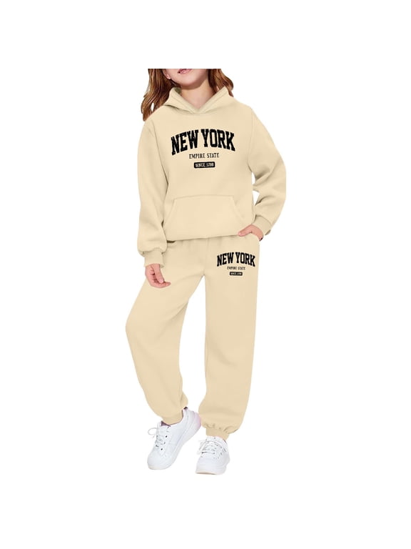 Girls Casual Outfits New York Print Hoodie Jogger Pants Tracksuit, Sizes 2-14