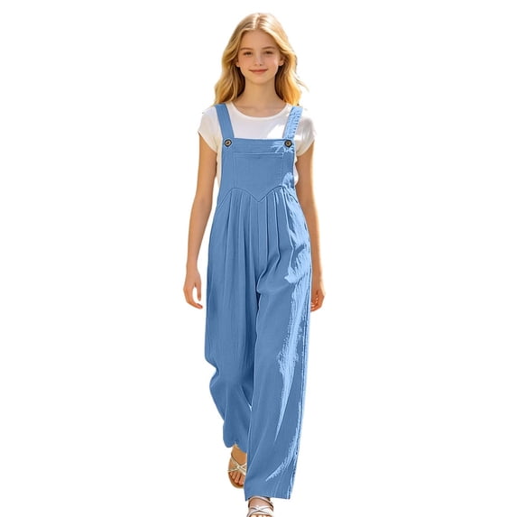 Kiijoy Girls Casual Overalls Vintage Solid Adjustable Straps Jumpsuit, Sizes 4-15