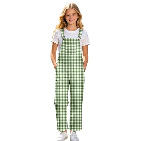 Kiijoy Girls Casual Plaid Overalls Pants Sleeveless Suspenders Jumpsuit, Sizes 5-14