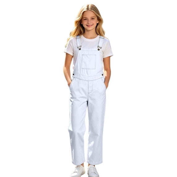 Kiijoy Girls Casual Sleeveless Solid Overalls Trousers with Pocket, White, Sizes 5-14