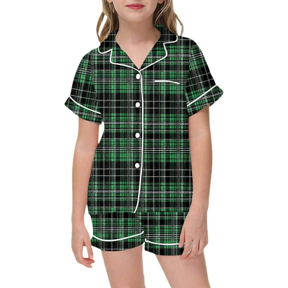 Kiijoy Girls Checkered Pajamas Short Sleeve Button Down Shirt Shorts Sleepwear, Sizes 2-3T