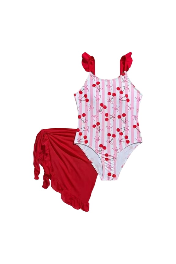 Girls Cherry Print Ruffle One Piece Swimsuit with Cover Up Swim Set, Sizes 8-13