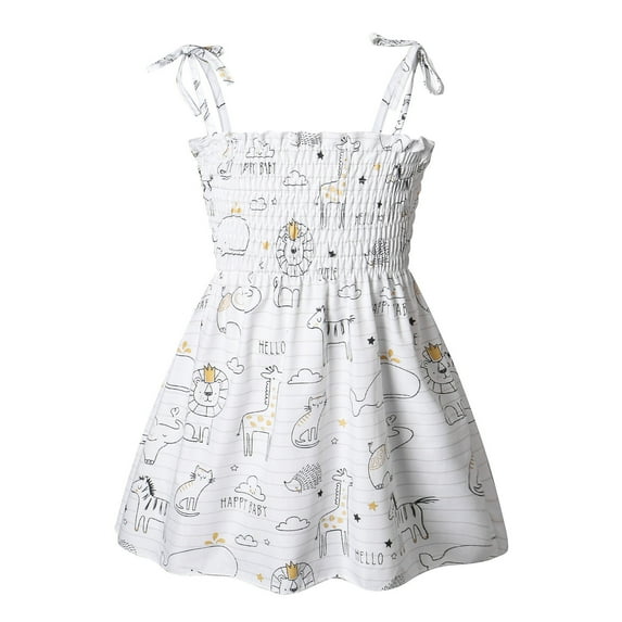 Kiijoy Girls Cherry Print Smocked Dress Summer Beach Tie-Shoulder Dress, Sizes 1-6