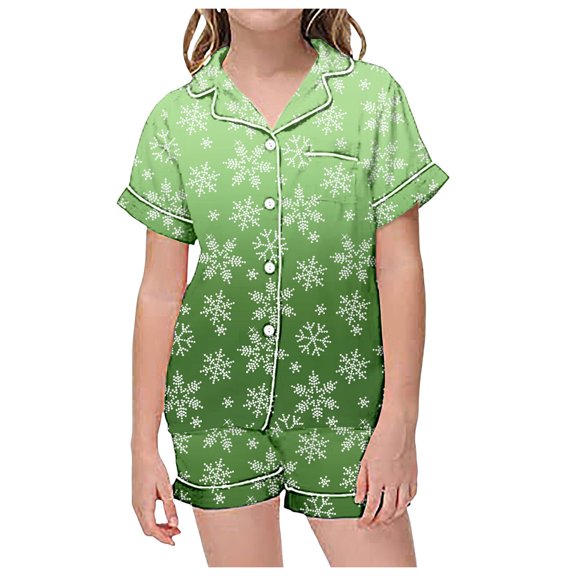 Kiijoy Girls Christmas Pajamas Gradient Snowflake Button Down Short Sleeve Shirt Shorts Set