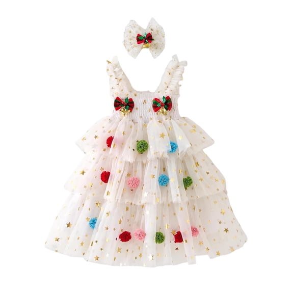Kiijoy Girls Christmas Party Dresses Sleeveless Tulle Princess Dress, White, Size 12M-6Y