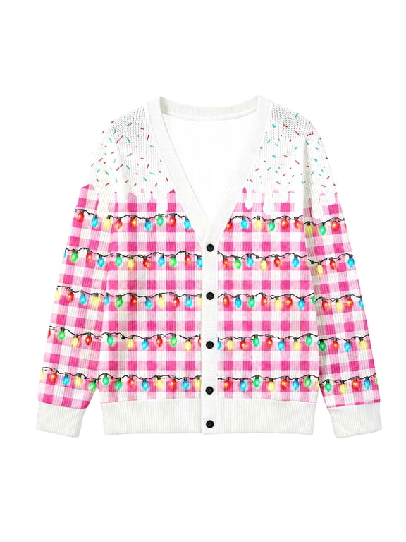 Girls Christmas V‑Neck Cardigan Sweater Xmas Holiday Button‑Up Sweaters, Sizes 3-14