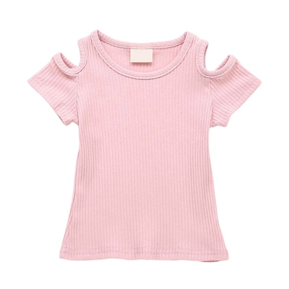 Kiijoy Girls Cold Shoulder Short Sleeve T Shirt Solid Crew Neck Ribbed Tee, Sizes 12M-5T