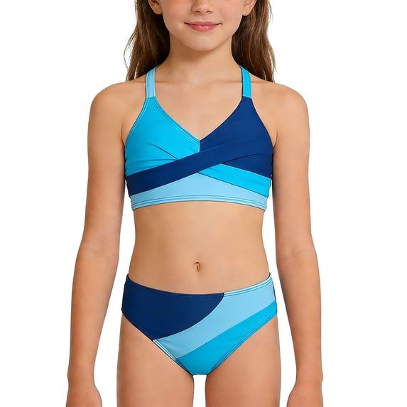 Kiijoy Girls Color Block Bikini Swimsuit Ruched Sport Swimwear Bathing Suit, Sizes 7-16