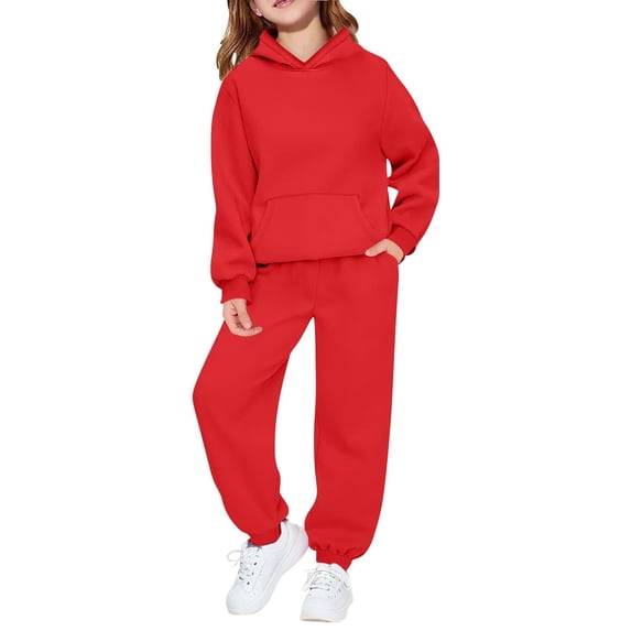 Kiijoy Girls Comfy Athletic Outfits Cotton Solid Hoodie Jogger Pants Sweat Set, Sizes 2-14