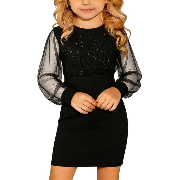 Kiijoy Girls Contrast Mesh Long Sleeve Dress Glitter Short Bodycon Dress, Sizes 7-8