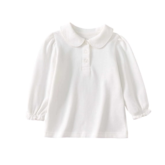 Kiijoy Girls Cotton Long Sleeve Polo Shirt Solid Ruffle Tshirt Top, White, 11-12 Years