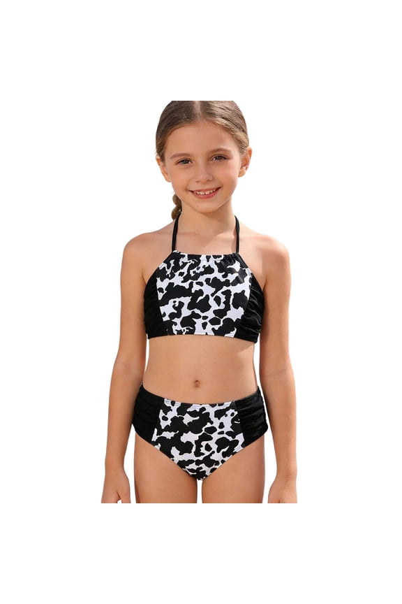 Girls Cow Print Halter Bikini Swimsuit Kids Bathing Suit, 2 Piece, Sizes 7-12