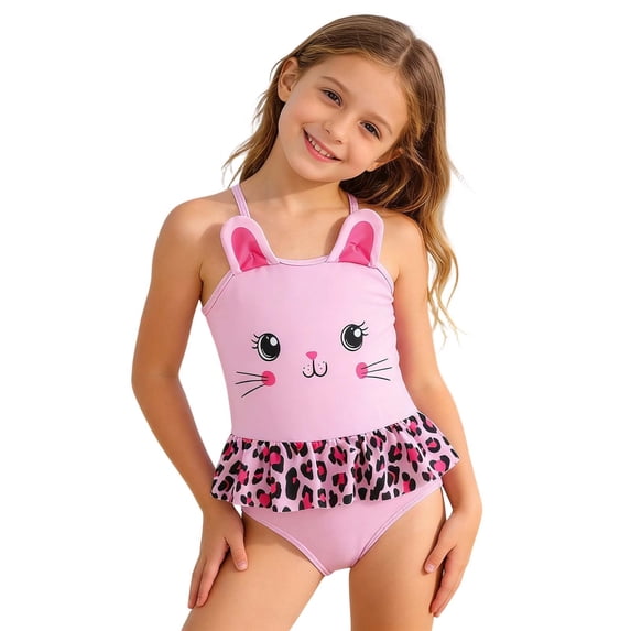 Kiijoy Girls Cute Cartoon Cat One-Piece Swimsuit Leopard Ruffle Swimwear for Kids, Sizes 3-7