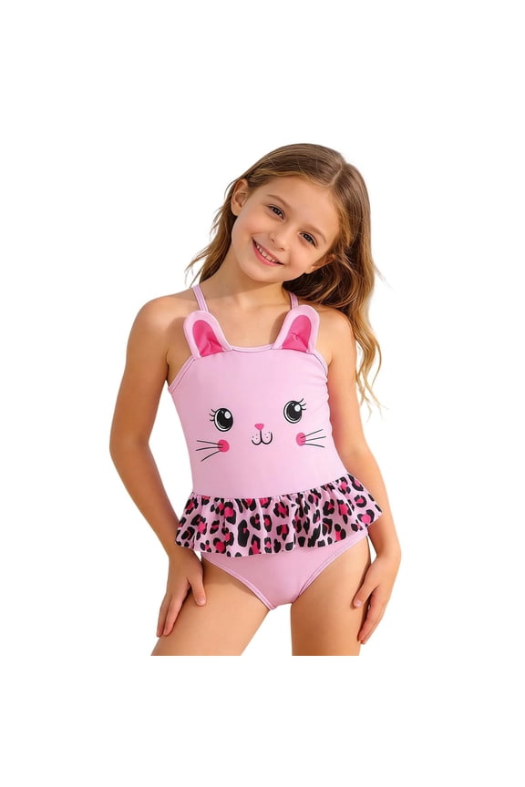 Girls Cute Cartoon Cat One-Piece Swimsuit Leopard Ruffle Swimwear for Kids, Sizes 3-7