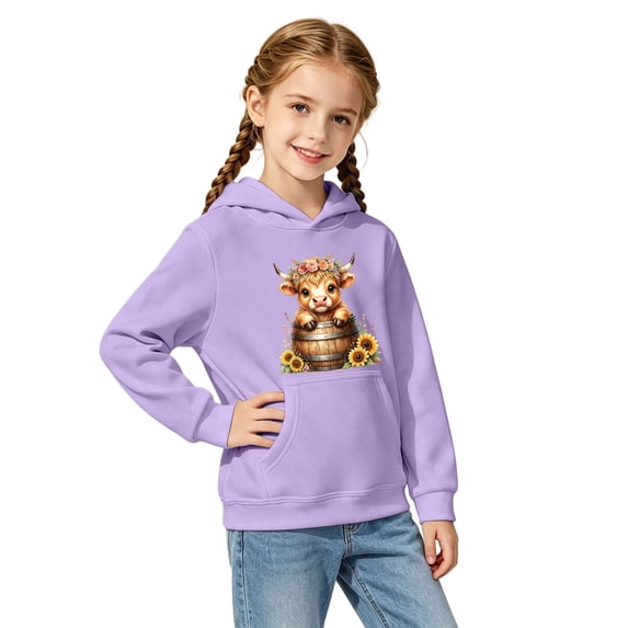 Kiijoy Girls Cute Cow Hoodie Casual Graphic Long Sleeve Pullover Sweatshirt, Purple