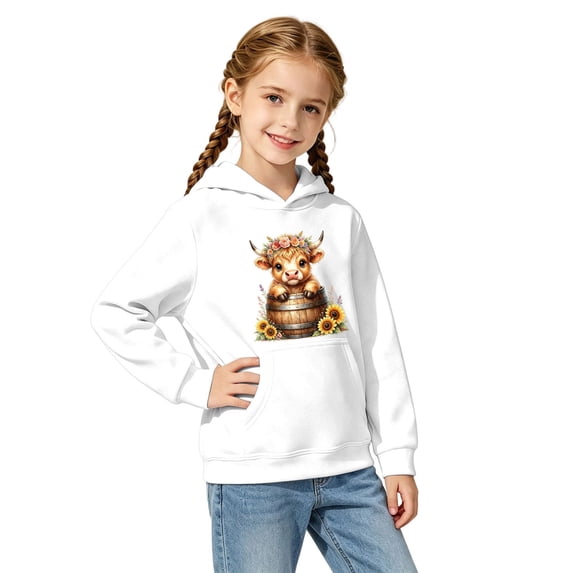 Kiijoy Girls Cute Cow Hoodie Casual Graphic Long Sleeve Pullover Sweatshirt, White