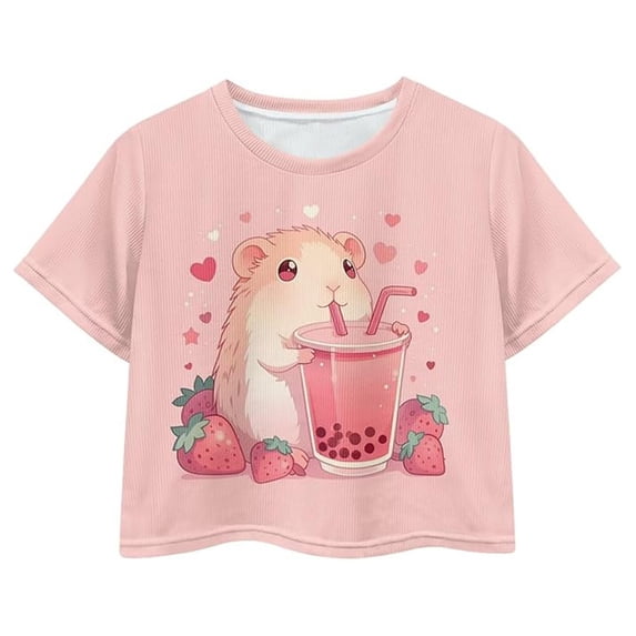 Kiijoy Girls Cute Graphic Tee Cartoon Animal Comfy Short Sleeve T-Shirt, Pink, Sizes 5-6