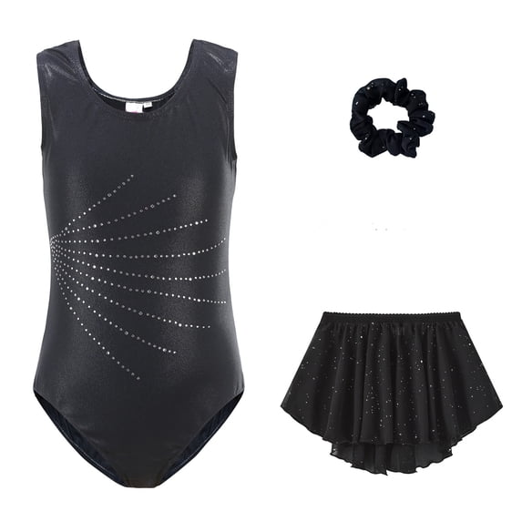 Kiijoy Girls Dance Gymnastics Outfits Glitter Rhinestone Leotard Shorts Scrunchie 3Pcs Set
