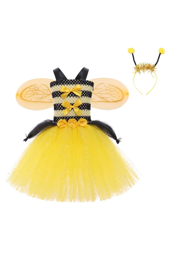 Girls Easter Cute Bee Tutu Dress Party Performance Sleeveless Mesh Dress, Sizes 2-12