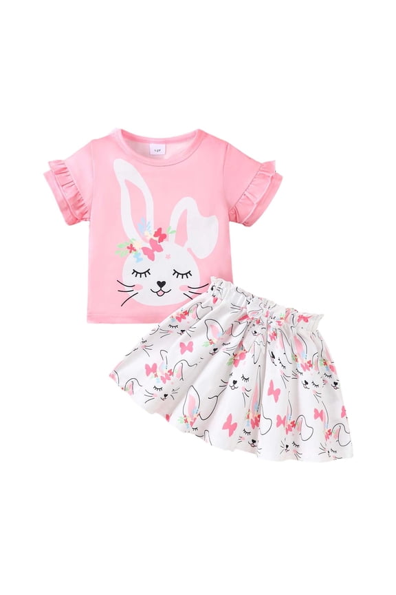 Girls Easter Outfits Cute Cartoon Short Sleeve T-Shirt Skirt Set, Sizes 4-16